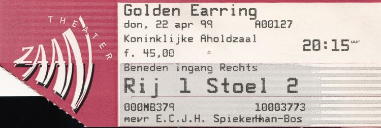 Golden Earring show ticket#1-2 April 22 1999 Zaandam - Zaantheater